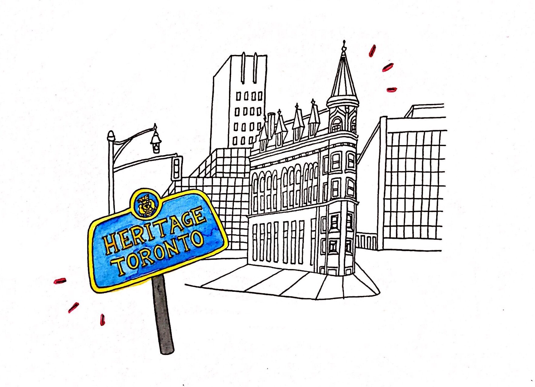 A hand-drawn image of the Gooderham (flatiron) Building on Front St in downtown Toronto, with a plaque in the foreground that reads "Heritage Toronto"